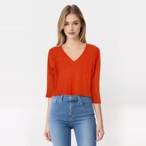 2/$30 J CREW Linen Sweater Size XS Orange Knit V-Neck Thin Long Sleeve Pullover